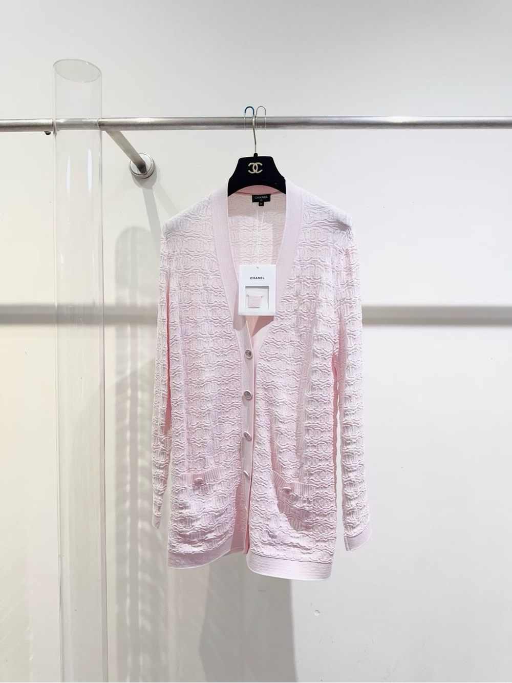 CHANEL Pale Pink Textured V-Neck Button Cardigan